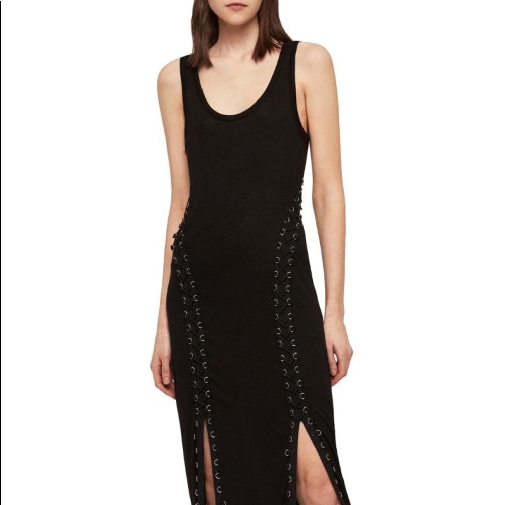All Saints side corseted black dress